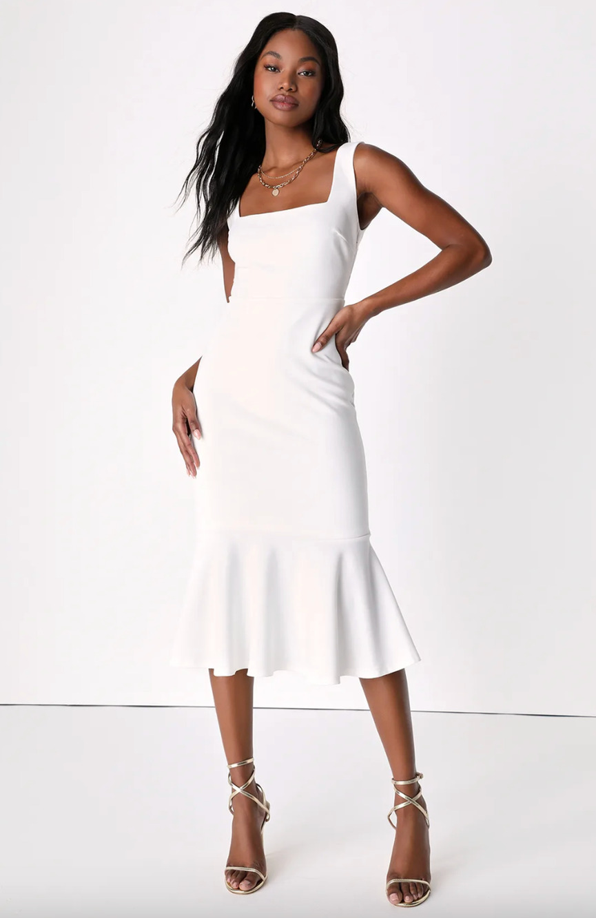 Lulus Moment Maker White Square Neck Trumpet Midi Dress Cocktail XS NWT